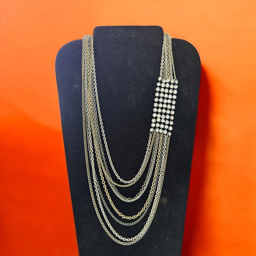 Multi-Strand Rhinestone Chain Statement Necklace – Asymmetrical Glam #131